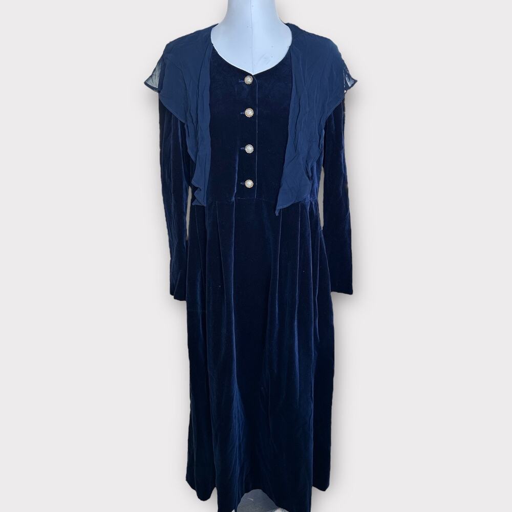Vintage 80s Laura Ashley Blue Velour Maxi Dress Womens 12 Romantic Cottagecore